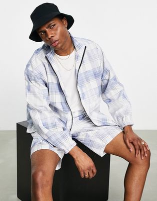 Topman funnel neck jacket with back embroidery in blue check - part of a set-Multi