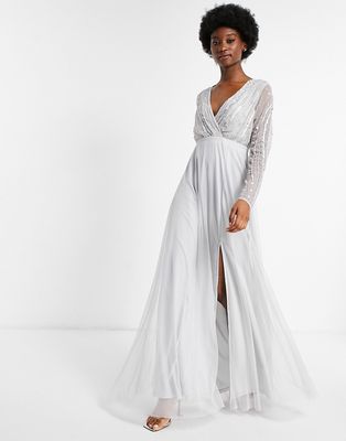 Frock and Frill wrap front embellished prom maxi dress in dove gray-Grey