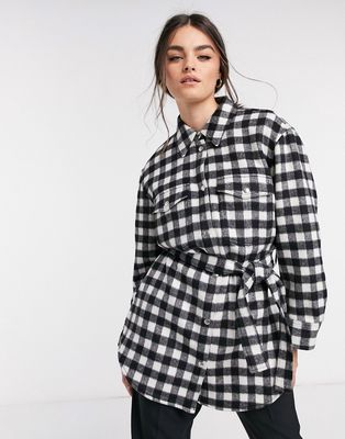 & Other Stories check gingham longline belted shacket in black-Multi