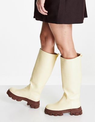 Public Desire Elena knee high chunky sole boots in butter-Neutral