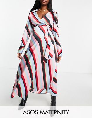 ASOS DESIGN Maternity wrap midi shirt dress in multicolored stripe print