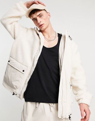 Topman sherpa zip through hooded jacket in cream-White