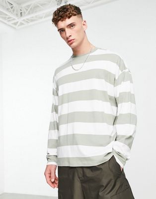 ASOS DESIGN oversized long sleeve stripe t-shirt in green and white