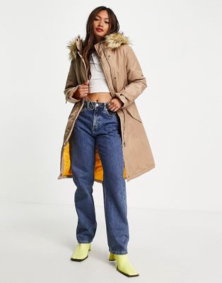 French Connection faux fur lined parka coat in beige and mustard-Multi