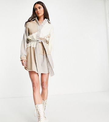 Missguided Tall patchwork belted shirt dress in stone-Neutral