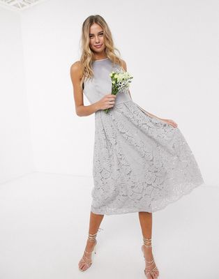 Oasis bridesmaid lace skater dress in gray-Grey