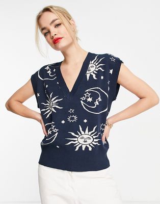 Neon Rose relaxed sweater vest in celestial knit-Navy