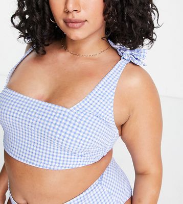 Peek & Beau Curve Exclusive square neck crop bikini top with tie shoulder in blue textured gingham-Blues