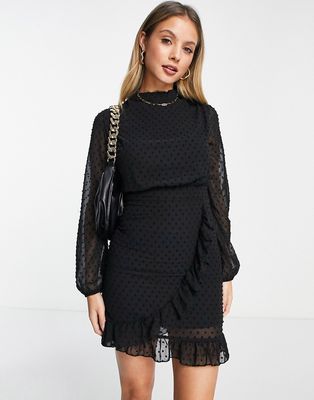 Trendyol wrap waist mini dress in polka dot mesh-Black