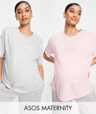 ASOS DESIGN Maternity exclusive pack of 2 jersey pajama tee in gray & pink-Multi