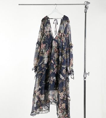 ASOS DESIGN Curve ruched tiered midi dress in navy floral print with lace trim
