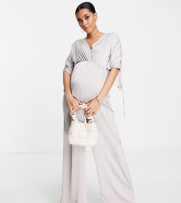Missguided Maternity satin wrap ruched jumpsuit in silver