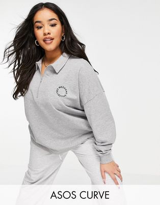 ASOS Weekend Collective Curve polo sweatshirt with half zip and logo in gray heather-Grey