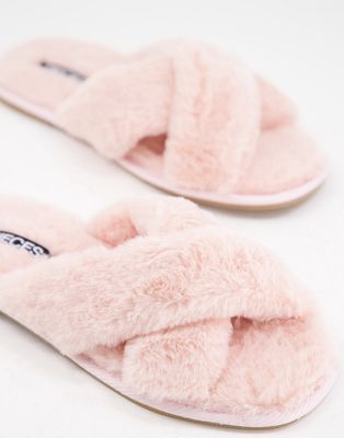Pieces fluffy cross over slippers in pink