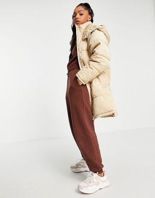 Pull & Bear padded puffer coat with hood in camel-Neutral