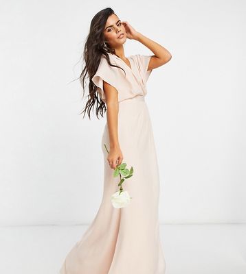 ASOS DESIGN Petite Bridesmaid short sleeved cowl front maxi dress with button back detail-Pink