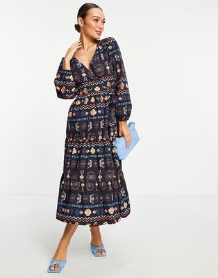 Never Fully Dressed contrast stitch wrap midi dress in black