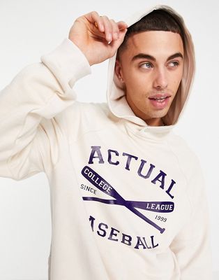 ASOS Actual coordinating relaxed hoodie with vintage sports print and side snap detail in ecru-White