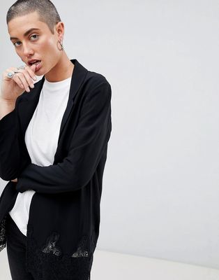 AllSaints Throw-On Blazer with Lace Trim-Black