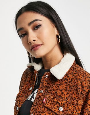 Levi's sherpa collar denim jacket in leopard print-Brown