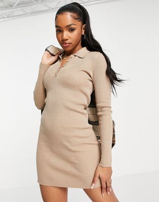 Stradivarius knitted ribbed polo dress in beige-Neutral