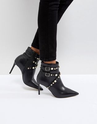 Carvela Granite Pearl Buckle Leather Heeled Ankle Boots-Black