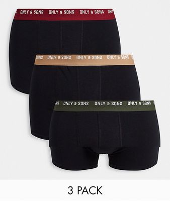 Only & Sons 3 pack boxer briefs with contrast waistband in black