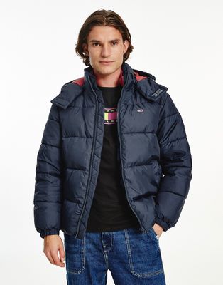 Tommy Jeans essential hooded puffer jacket in black-Navy