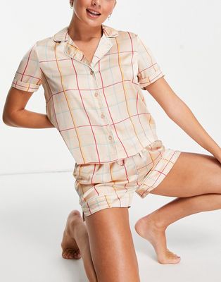 Vero Moda satin shirt and short pajama set in blush check-Multi