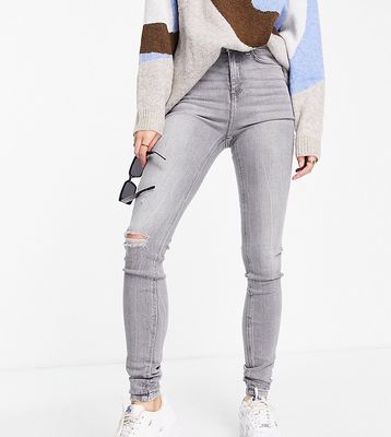 Noisy May Tall Callie high waisted ripped knee skinny jeans in light gray