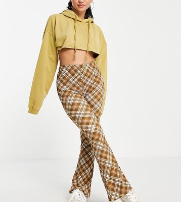 Topshop Tall crinkle flared pant in brown check print-Multi