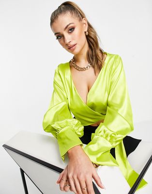 Femme Luxe wrap satin blouse with oversized balloon sleeve in lime-Green