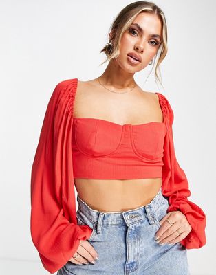 Trendyol square neck crop top with balloon sleeve in red