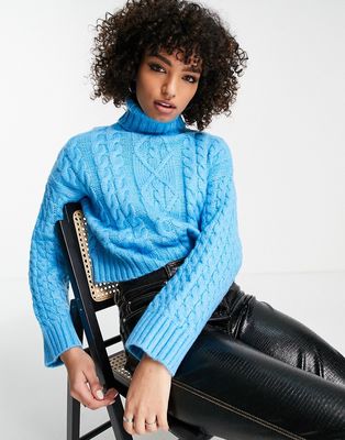 Bershka cable knit roll neck sweater in bright blue-Blues