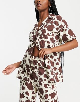 Daisy Street short sleeve shirt and pajama pants with eye mask in cow print-Brown