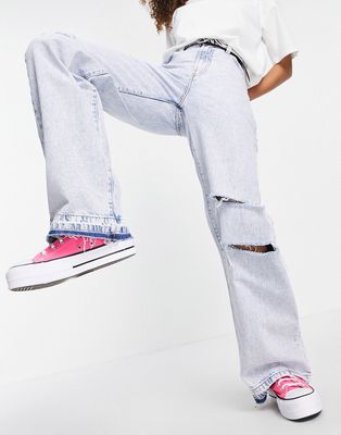 Bershka 90s wide leg jean with rips in bleach blue wash-Blues