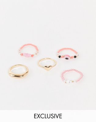 Reclaimed vintage inspired heart stretch rings in beading and gold 5 pack