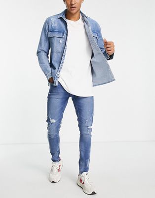 Only & Sons skinny fit ripped jeans in mid blue-Blues