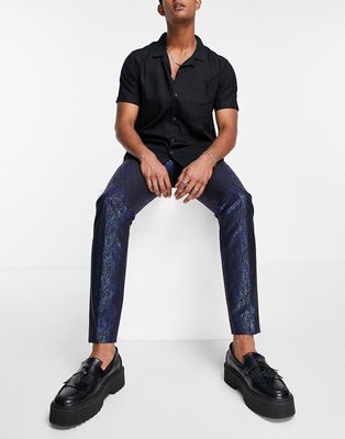 Twisted Tailor suit pants in black with electric blue dash foil print