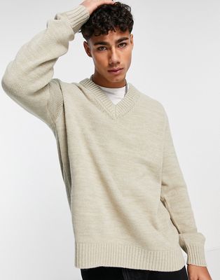 Only & Sons oversized v-neck sweater in beige-Neutral