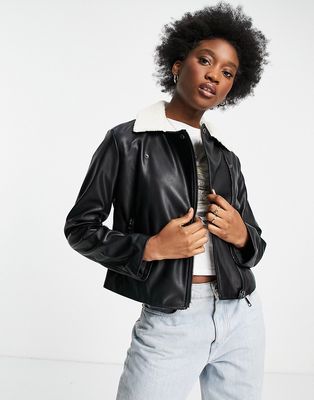 Wednesday's Girl biker jacket with sherpa collar in faux leather-Black