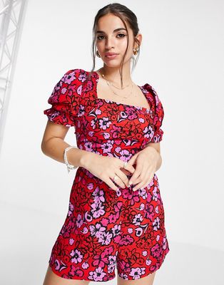 Influence romper with strappy back in red floral print-Multi