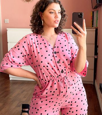 Wednesday's Girl Curve relaxed romper with drawstring waist in scattered polka dot-Pink