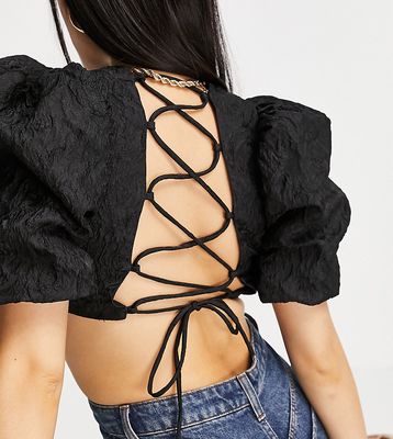 Collective the Label Petite puff sleeve backless crop top in textured black - part of a set