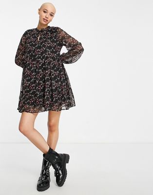 JDY sheer sleeved mini dress in black floral-Multi