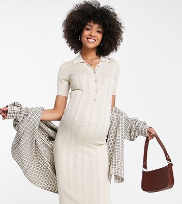 Mamalicious Maternity polo knitted midi dress in beige-Neutral