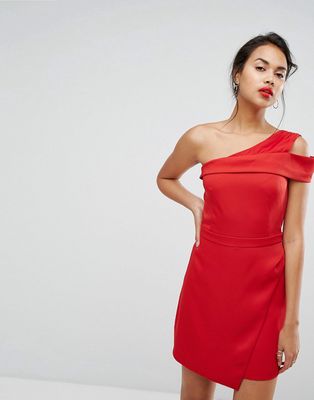 Morgan One Shoulder Pleat Front Mini Dress-Red