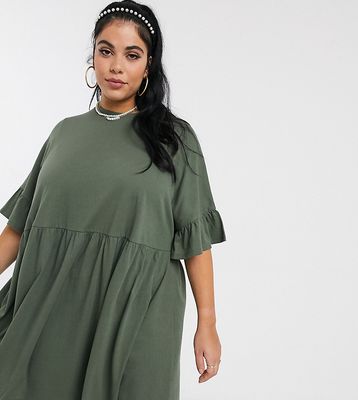 ASOS DESIGN Curve super oversized frill sleeve smock dress in khaki-Green