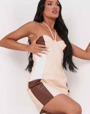 Missyempire x Aaliyah Ceilia halterneck contrast leather look dress in multi