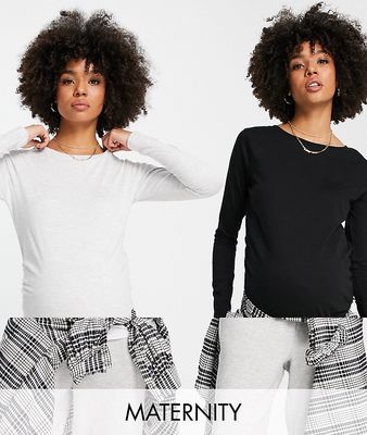 River Island Maternity 2 pack long sleeved T-shirt in gray and black-Multi